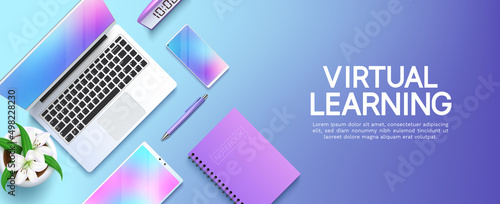 Virtual learning vector design. Virtual learning text with laptop, tablet and phone online device elements for home school and webinar education study. Vector illustration.