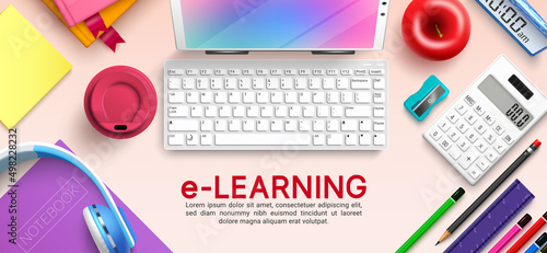 E-learning vector background design. Elearning text with online education elements of computer keyboard, and tablet device for home school study learning. Vector illustration.