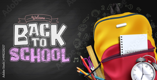 Back to school vector design. Welcome back to school text in chalkboard background with backpack bag and doodle typography decoration for kids educational learning and study items. Vector illustration