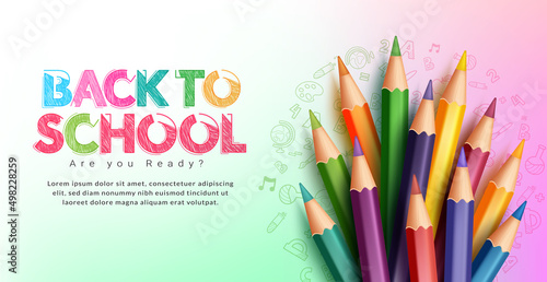 Back to school vector design. Back to school text with color pencil art elements in doodle pattern gradient background for kids educational creative learning study. Vector illustration. photo