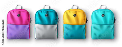 Backpack vector set design. 3d realistic educational bag pack collection isolated in white background with colorful decoration for back to school bags. Vector illustration.