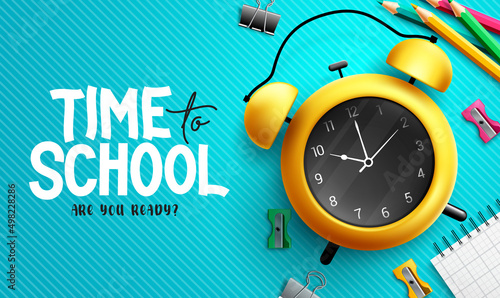 Back to school vector design. Time to school text with alarm clock and color pencil elements in blue background for educational messages decoration. Vector illustration.