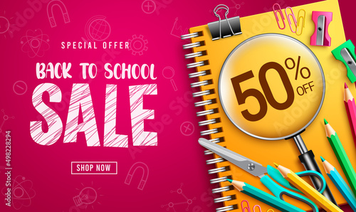 Back to school sale vector banner design. Back to school sale text with special offer discount in notebook and pattern background for educational items promo clearance advertisement.