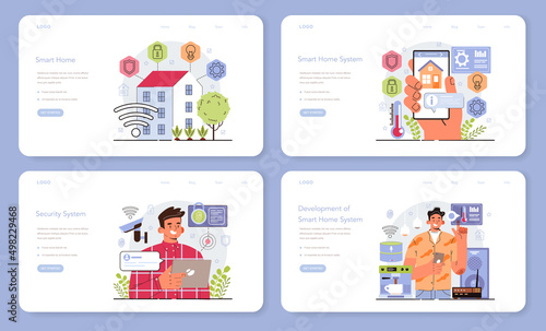 Smart home web banner or landing page set. Idea of wireless technology
