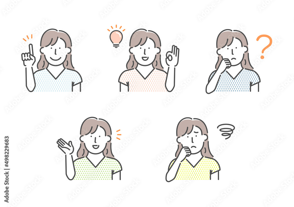 Simple young woman (upper body) gesture pattern illustration set Simple young woman (upper body) gesture pattern illustration set