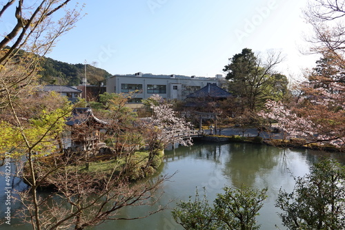 Hojyo-chi Pond and Benten-jima Island and Kinun-bashi Bridge in the precincts of Zenrin-ji Temple in Kyoto City in Japan                                                                               