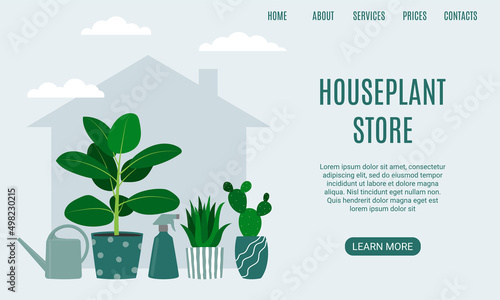 Houseplant store landing page. Cactus, rubber plant, aloe and watering can. Florarium, home garden, greenhouse, gardening, potted plant concept.