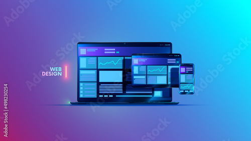 Web design flat concept. Templates internet page of website on screen laptop tablet phone. Responsive web interface application development. Illustration of adaptation layout site on portable devices. photo