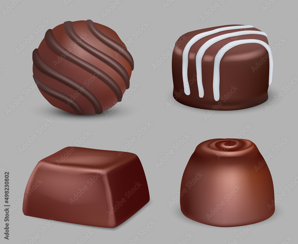 Chocolate candies. Delicious dessert various geometrical sweets with jam bonbons dark truffle decent vector sugar candies in realistic style