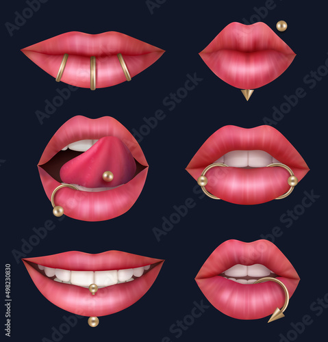 Lips piercing. Tongue metallic decoration lips geometric chrome jewelery decent vector realistic set