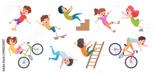 Fototapeta Naklejka Na Ścianę i Meble -  Falling kids. Dangerous situations with childrens outdoor running and falling exact vector concept templates