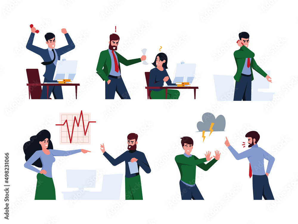 Workplace conflict. Business managers angry talking stresses workday destroyed conversation negative exasperated people garish vector colored flat illustrations