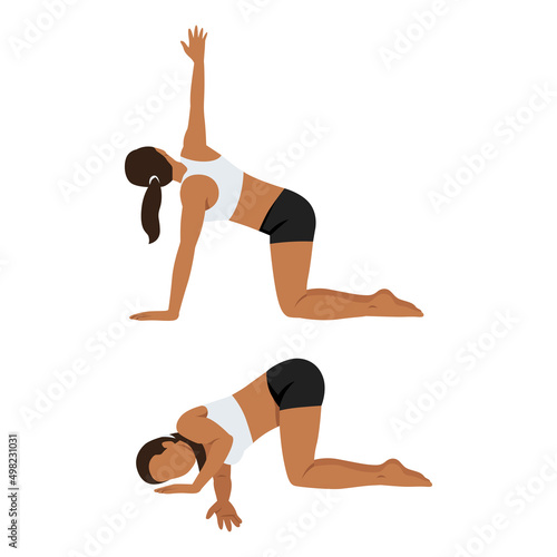 Woman doing Thread the Needle or Parsva Balasana stretch exercise. Flat vector illustration isolated on white background