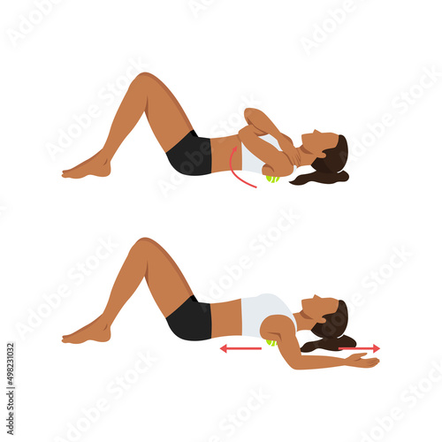 Woman doing Bear hugs and Snow Angels stretch exercise. Flat vector illustration isolated on white background