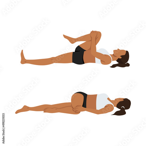 Woman doing Knee to Chest to Spinal Twist stretch exercise. Flat vector illustration isolated on white background