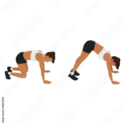 Woman doing Bear squat exercise flat vector illustration isolated on white background