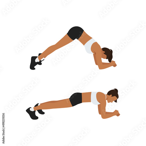 Woman doing Inverted V Plank exercise flat vector illustration isolated on white background