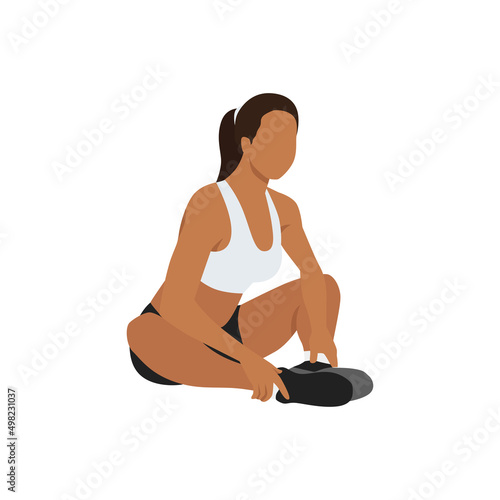 Woman doing Butterfly stretch exercise. Flat vector illustration isolated on white background