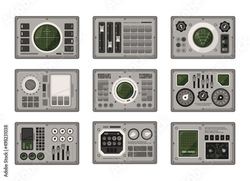 Ui controlling board. Digital dashboard for spaceship controlling displays round volume buttons garish vector interface templates set