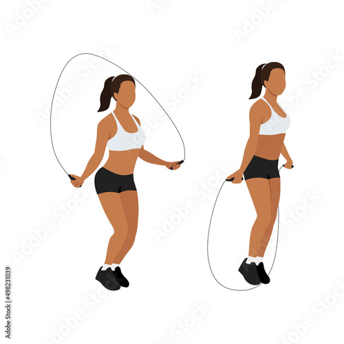 Woman doing Jump rope.Skipping cardio exercise. Flat vector illustration isolated on white background