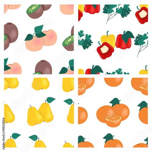 Set of fruits and vegetables seamless patterns. Kiwi, peaches, pears, oranges, bell peppers, parsley, fruit prints. Vector illustration