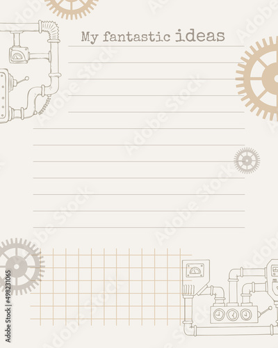 Template for notes My fantastic Ideas in steampunk doodle style, for notes, reminders, plans, ideas, schedule. Vector illustration