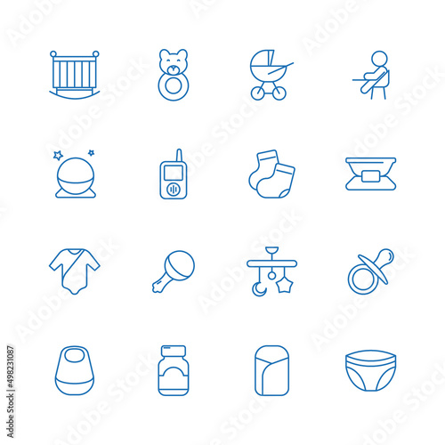 Newborn care icons. Pregnancy breast motherhood concept pictures breastfeeding food for kids toys garish vector line symbols