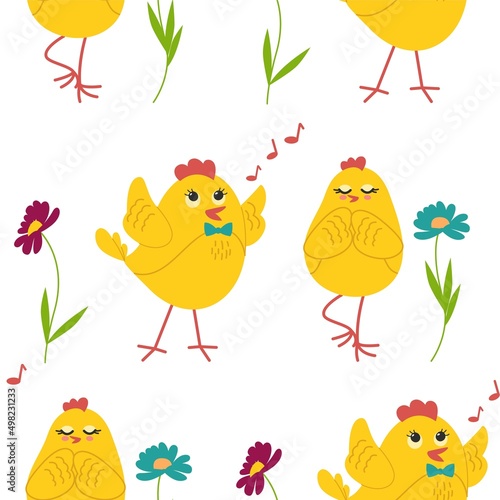 Cute yellow chicks in different poses seamless pattern, birds and flowers, butterflies. Vector illustration.