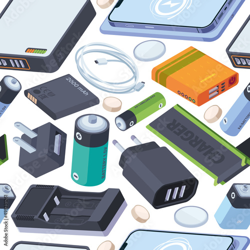 Chargers pattern. Energy power banks and charging smartphone battery garish vector seamless background