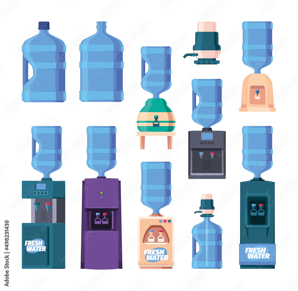 Office water coolers. Different types of water tanks for coolers garish