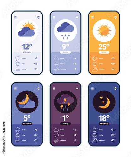 Weather dashboards. Ui for smartphone app with weather symbols clouds rain sun garish vector templates