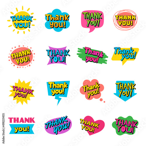 Thank you lettering. Handwriting text decorative ads messages badges set collection recent vector words templates