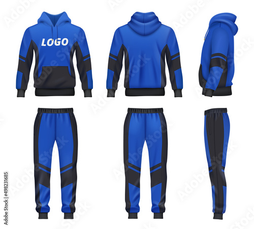 Sport wear. Casual clothes hoodie and pants for active people decent vector fashioned design templates in realistic style mockup photo