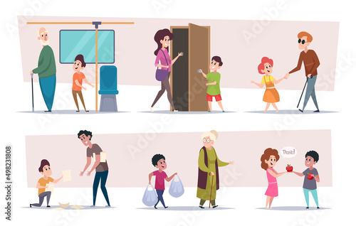 Polite kids. Children helping elderly characters kids giveaway and thank each other exact vector colored cartoon set