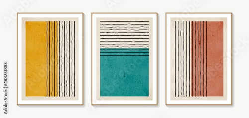 Collection of vector abstract wall art. Boho color organic shape. Artistic design for poster, print, cover, wallpaper, minimalistic and natural wall art. Vector illustration with grunge texture.