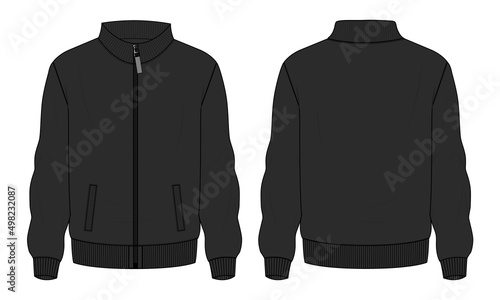 Long sleeve jacket with pocket and zipper technical fashion flat sketch vector illustration Black Color template front and back views. Fleece jersey sweatshirt jacket for men's and boys.