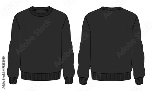 Long Sleeve Sweatshirt technical fashion flat sketch vector illustration Black Color  template front and back views. Fleece jersey sweatshirt sweater jumper for men's and boys. photo