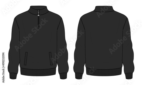 Long sleeve jacket with pocket and zipper technical fashion flat sketch vector illustration Black Color  template front and back views. Fleece jersey sweatshirt jacket for men's and boys.