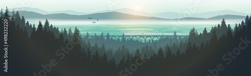 Vector illustration of a mountain landscape. A passing train offers natural scenery, mountains, pine forests and misty sea.