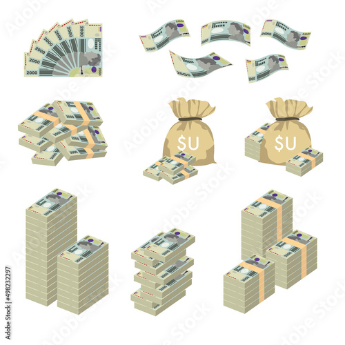 Peso Uruguayo Vector Illustration. Huge packs of Uruguay money set bundle banknotes. Bundle with cash bills. Deposit, wealth, accumulation and inheritance. Falling money 2000 UYU.
