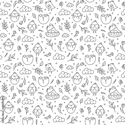 Easter vector seamless pattern with chickens and flowers in Doodle style