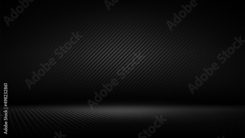 Studio interior with carbon fiber texture. Modern carbon fiber textured black interior with light. Background for mounting, product placement. Vector background, template, mockup
