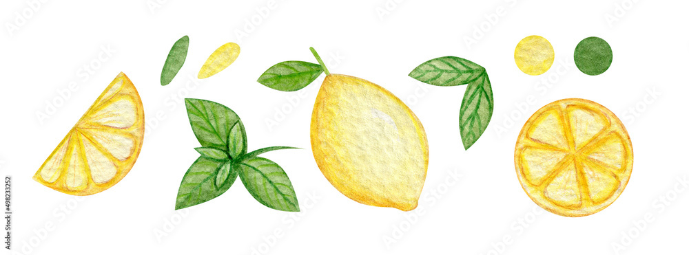 Watercolor lemon set. Cute hand drawn with fruits. Watercolor lemon set. Cute hand drawn with fruits.