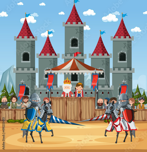 Medieval castle scene with armour warriors fighting