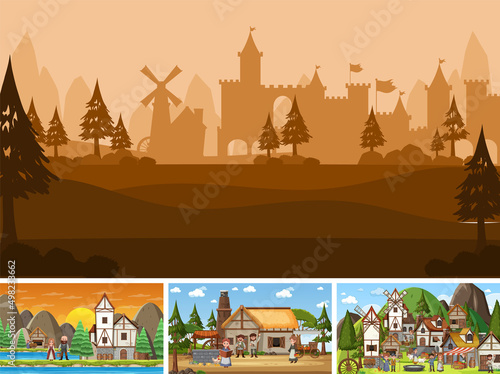 Set of different scene medieval with silhouette