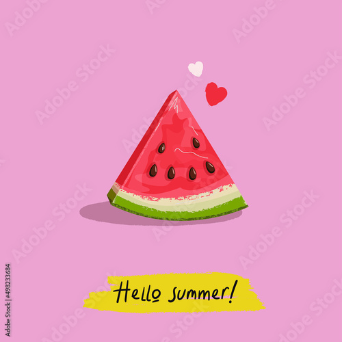 Hello Summer trendy poster, card, web or social media banner in modern art style with hand drawn watermelon on soft pink background and text Hello Summer. Vector illustration. 