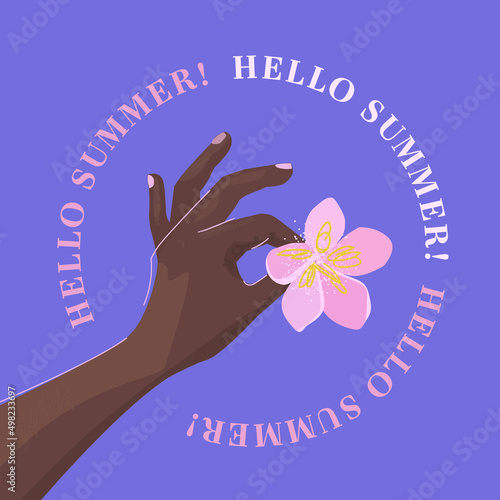 Hello Summer trendy poster, card, web or social media banner in modern art style with tanned hand holding a tropical flower against the sky and typography text Hello Summer. Vector illustration