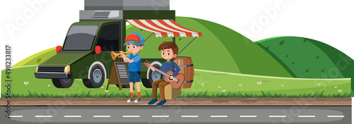 Park scene with people playing instruments