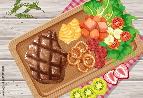 Top view of meat steak on wooden tray