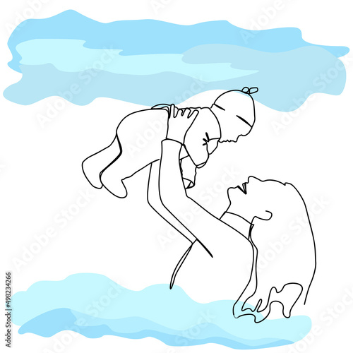 A mother with a baby in her arms is laughing happily around blue clouds. Drawing with one line.